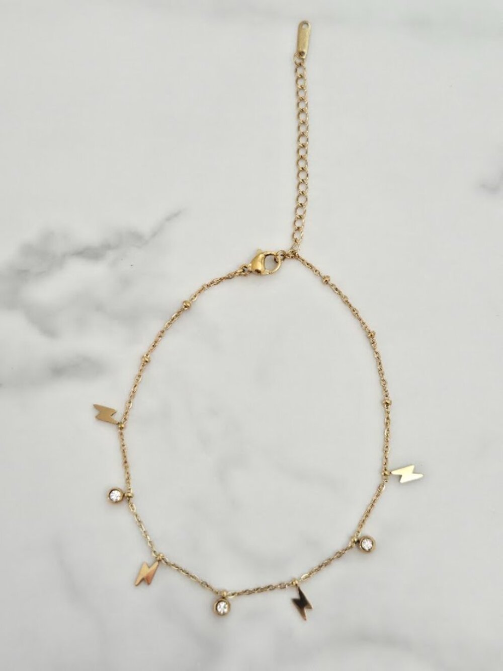 Gold Lightning Bolt & Crystal Charm Anklet Dainty Stainless Steel Jewelry - Picture 10 of 15